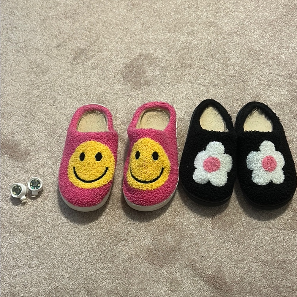 Pink and Black Smiley Face and Flower Slippers